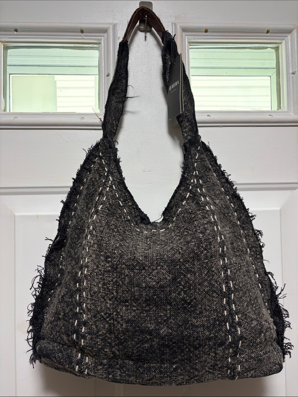 Myra Bag Textured Woven Shoulder Hobo in Charcoal with Leather Accent - Picture 5 of 10